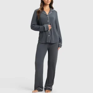 Organic Women’s Pajamas Women’s Bamboo Rib Knit Classic Long Sleeve Pajama Set Eco Friendly Custom Women Night Wear Sleepwear
