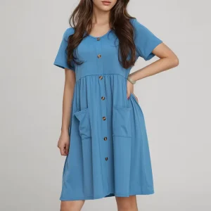 Oversize Women’s Viscose Short Sleeve Loose Dress Crew Neck Pleated Knee Length Dresses with Side Pockets