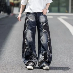 Oversized Distressed Jeans Vintage Wash Contrast Stitching Loose Fit Ripped Destroyed Streetwear Denim Pants