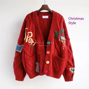 Oversized Embroidery Jacquard Wool Viscose Cardigan Women’s Plus Size Knitted Front Button V Neck OEM