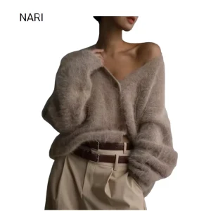 Oversized Lady’s Fuzzy Cashmere and Silk Blend Knit Cardigan Customized Fleece Soft Cardigan Sweater For Winter