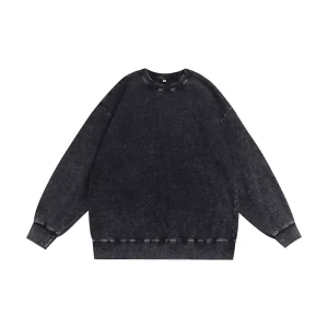 Oversized Vintage Acid Wash Lined Knitted Crewneck Sweatshirt Unisex Loose Fit Retro Gray Pullover for Men & Women Streetwear