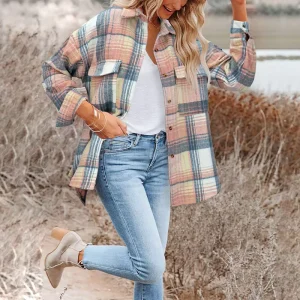 Oversized Waffle Knit Women’s Coated Casual Jacket with Button-Down Collared Dressy Shirts Winter Washed Long Blouses