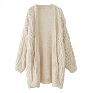 P18B068CH Wool Cashmere Solid Color Duster Chunky Cable Knit Women’s Coat Long Sleeves V Neck Cardigan Sweater Without Pocket