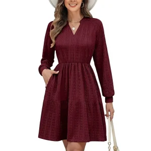 PASUDA Women’s Knitted Nylon Cotton Elegant Autumn Winter A Line Midi Dress Long Sleeve Soft V Neck Elastic Waist Solid Color