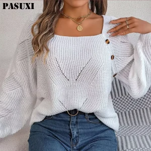 PASUXI New Trendy Button Sweater Women Autumn Long Sleeve Knitting Solid Color Knitwear Pullover Puff Sleeves Sweaters