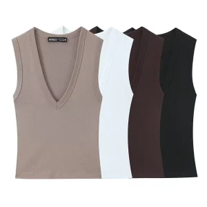 PB&ZA New Women’s T-shirts Fashion V Neck Sleeveless T Shirt Women Cotton Tees Summer Casual Simple Solid Ladies Top