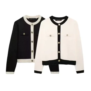 PB&ZA Women Autumn New Fashion Gold Breasted Knitting Sweater Vintage Long Sleeve Female Outerwear Chic Tops