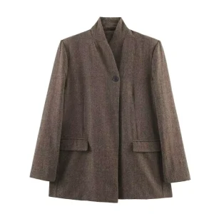PB&ZA Women’s New Fashion Herringbone Twill Suit Jacket Blazer Coat Hand Embroidery Zipper Closure Vintage Long Sleeve
