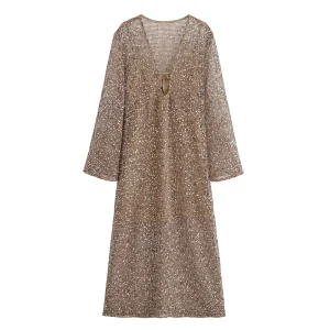 PB&ZA Women’s Summer Chic Beaded Midi Dress Vintage Long Sleeve Sweet Style Chiffon Robe Mujer with Sequined Decoration