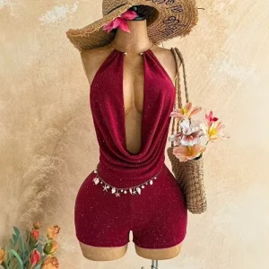 PEEQI 260286 Fashion Summer Women’s New Jumpsuits Sleeveless Ruched Slimming One Piece Halter Rompers Solid Color Jumpsuit
