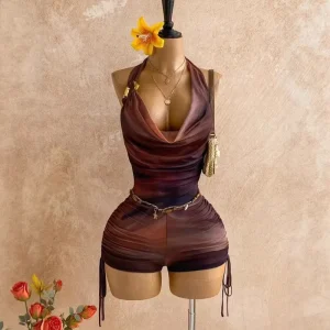 PEEQI Fashion Summer Women’s Vintage Jumpsuits Print Mesh Metals Ruffled Halter Sleeveless Jumpsuit Deep V Neck One Piece Romper