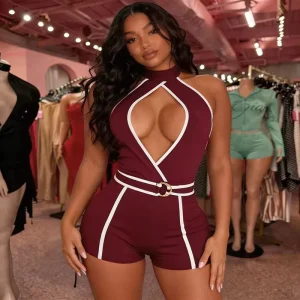 PEEQI J26RP146 New Summer Women’s Sexy Jumpsuit Hollow Out Contrast Color Halter Lace up One Piece Romper Women Fashion Jumpsuit