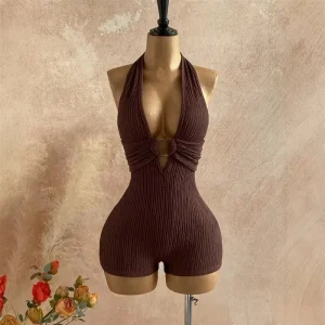 PEEQI Women’s Casual Jumpsuits Vacation Sexy Backless Hollow Out One Piece Halter Romper Women Jumpsuit