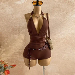 PEEQI ZY6375 Tropical Sexy Summer Women’s One Piece Halter Romper Backless Metals Party Jumpsuit Fashion Jumpsuit for Women