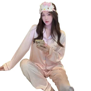 Padded Bra Pajamas Women’s Spring New High Quality Ice Silk Long Sleeve Soft Full Length Solid Color Set Light Luxury Loungewear