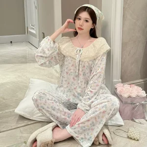Pajamas Leisure Velvet Elegant for Women Night Suit Sweet Nightdress Lace Trim Soft Comfortable Sleepwear Home Set