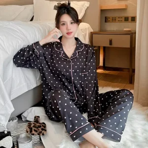 Pajamas Pretty Woman Black Long Sleeve Set Pijamas Mujer Printed Satin Silk Nightgowns for Women