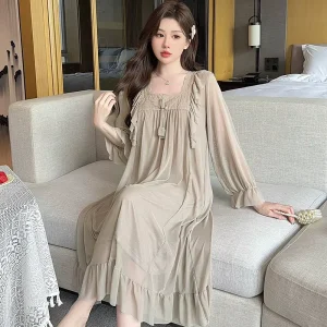 Pajamas Women Sleepwear with Chest Cushion Mesh Gauze Nightdress Lace Trim Sweet Princess Wind Womans Cute Nightgown