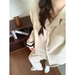 Pajamas Women’s Spring Autumn Long Sleeve Full Length Suit Color Block Loungewear Turn Down Collar
