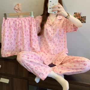 Pajamas for Women Summer Style Pink Heart Print Short sleeve Loungewear Three piece Set Cloud Cotton