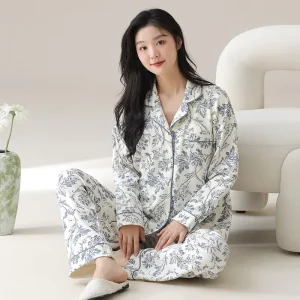 Pajamas women’s cotton long sleeves trousers with chest pads printed plus size can be worn outside women’s loungewear