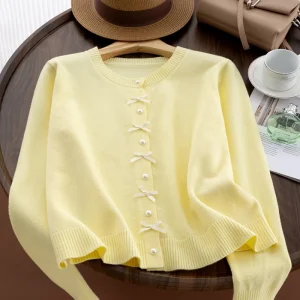Pale Yellow Korean Button Women’s Spring Autumn Cardigan Coat Lazy Style Knitted Shirt Top