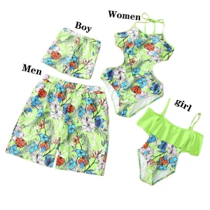 Parent-child Swimsuit Mother-Daughter Sling Hollow Bikini Four-Piece Set Floral Eco-friendly Quick Dry Unisex Beachwear