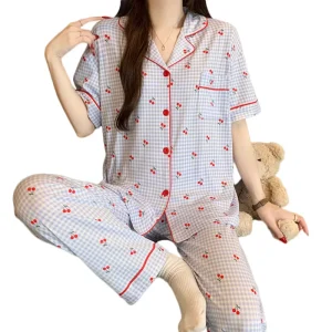 Pastel Checkered Women’s Pajamas Summer Fruit Print Short sleeve Top And Long Pants Loungewear Set