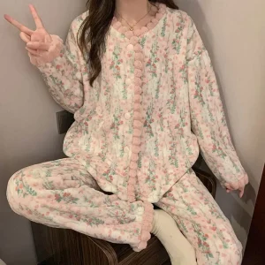 Pastoral Style Pajamas for Women Autumn and Winter New Fleece Lined Thickened Warm Cardigan Small Floral Flannel Homewear Set