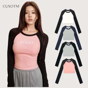 Patchwork Contrast Women’s Boxy Long Sleeve 220 GSM Sexy Slim T-shirt Custom logo Puff Print Crew Neck Long-Sleeved