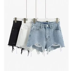 Pear shaped Women’s Summer Vintage Straight Loose fit High Waist Slimming Plus Size Denim Shorts Handmade Distressed