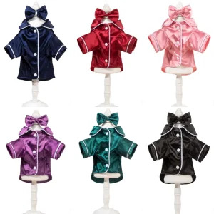Pet Satin Pajama Shirt Silky Dog Sleepwear With Bow Tie Button Down Nightwear For Small Dogs