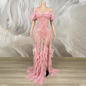Pink Birthday Dress Party Crystal Sequin Elegant Prom Dress Pink Floor-length Women’s Birthday Dress
