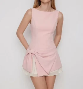 Pink Bow Detail Mesh Hem Mini Dress Women’s Sleeveless A-Line Fit and Flare Party Cocktail Short Dresses
