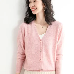Pink Color Wool Blended Women Cardigan Solid Color Simple Basic Knitted Cardigan Coat Custom logo Label Women Sweater