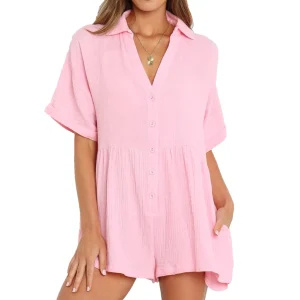 Pink Cotton Gauze V Neck Jumpsuits with Pockets Custom Print Short Sleeve Women Romper