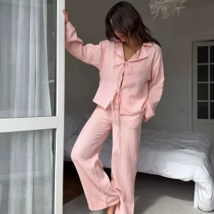 Pink Long Sleeved Pants Loose Pure Cotton Comfortable Sleeping Suit Set for Autumn New Home Clothing for Women