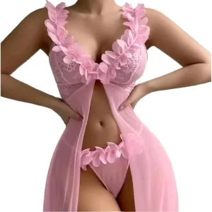 Pink Princess Nightgown Sweet Fishnet Floral Lace Robe One Piece Long Maxi Negligees V Neck Open Front Womens Sexy Underwear