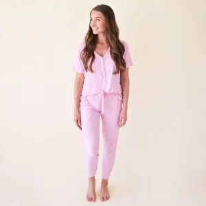 Pink Ribbed Women’s Short Sleeve Loungewear Sets Spandex Bamboo Printed Pajamas for All Seasons
