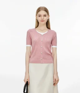 Pink Two Piece V Neck Rib Knit Top Women Crystal Flower Decor Buttons White Cuff Short Sleeve Slim Summer Knitted Blouse