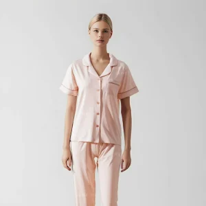Pink Women’s Cotton Satin Thermal Breathable V neck Short Sleeve Tops Full Length Two Piece Pajama Set Pockets Summer Autumn
