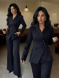 Pinstripe Formal Women’s 2-Piece Business Suit with V-Neck 6 Buttons Double Vents and Pants