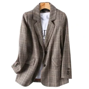 Plaid Blazer for Women Spring Autumn Office Ladies Chic Slim Blazers Single Breasted Suit Jacket