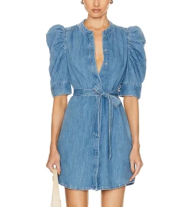 Pleated Bubble Sleeves Chest Button Design Belt Sexy Slim Fashion Women Daily Casual Mini Dress