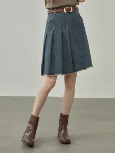 Pleated Denim Skirt Women’s Summer High Waisted Slimming A-Line Retro Short