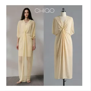 Pleated Design Polyester Dress Elastic and Stretchy Midi Dress Women’s Bat Sleeve Dress