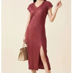Pleated Sexy Slit Dress for Women Summer New Arrival V Neck Short Sleeve Age Reducing Slimming Midi Dress