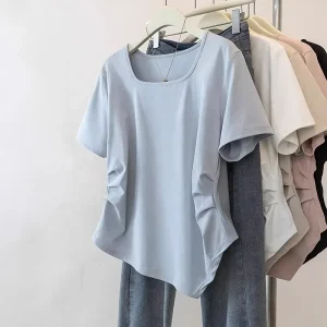 Plus Size 5XL Women’s Summer Square Neck Casual Regular Shoulder Short Sleeve T Shirt Loose Irregular Hem Top