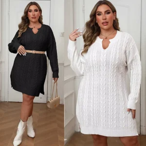 Plus Size Autumn Winter Women’s V-Neck Solid Color Cable Knit Sweater Dress Factory Direct Customizable